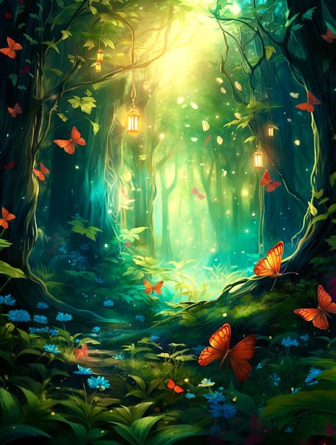 Forest Paintings, Forest Drawing, Blue Flower Wallpaper, Fairy Drawings, Island Theme, Fantasy Worlds, Fantasy Forest, Forest Theme, Art Gallery Wallpaper