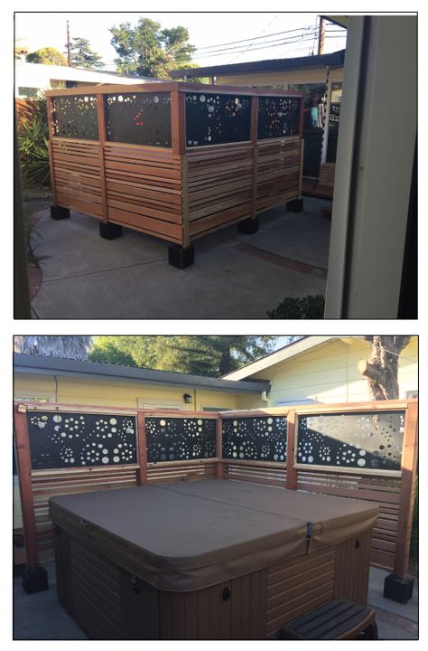 Custom outdoor metal privacy screen (inserts) for a wood enclosed privacy fence.  Many sizes, colors and design options available.  Please contact us for a custom quote: k.t@RusticaOrnamentals.com 860-778-6841 Privacy Screen Around Hot Tub, Spa Fencing Ideas, Spa Privacy Screen, Privacy Screen On Fence, Hot Tub Ideas Backyard Privacy Wall, Hot Tub With Privacy Screen, Privacy Fence For Hot Tub, Hot Tub Privacy Wall, Hot Tub Screening Ideas