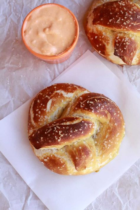 Homemade Soft Pretzels with Buffalo Cheddar Cheese Sauce - Half Baked Harvest Cheddar Sauce, Cheddar Cheese Sauce, Homemade Soft Pretzels, Pretzel Twists, Soft Pretzel, Cloud Bread, Harvest Recipes, Bowl Recipes, Half Baked