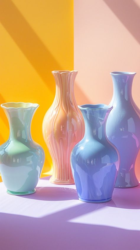 photo of colorful product photography featuring a vase collection, wes anderson style, soft light, pastel background, very detailed and minimalist --v 6 Pastel Still Life Photography, Wes Anderson Product Photography, Pastel Objects, Light Pastel Background, Colorful Product Photography, Wes Anderson Style, Pastel Photography, Mini Project, Vase Collection