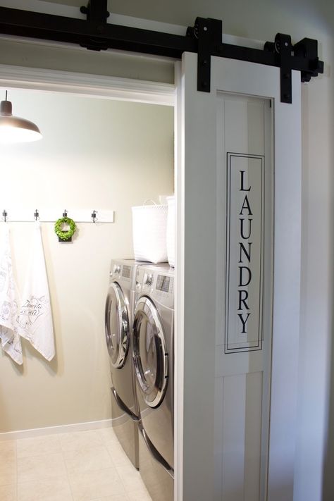 Modern Track Lighting Kitchen, Modern Farmhouse Laundry Room, Kitchen Sliding Doors, Laundry Room Update, Laundry Doors, White Barn Door, Pantry Laundry, Basement Laundry Room, Basement Laundry