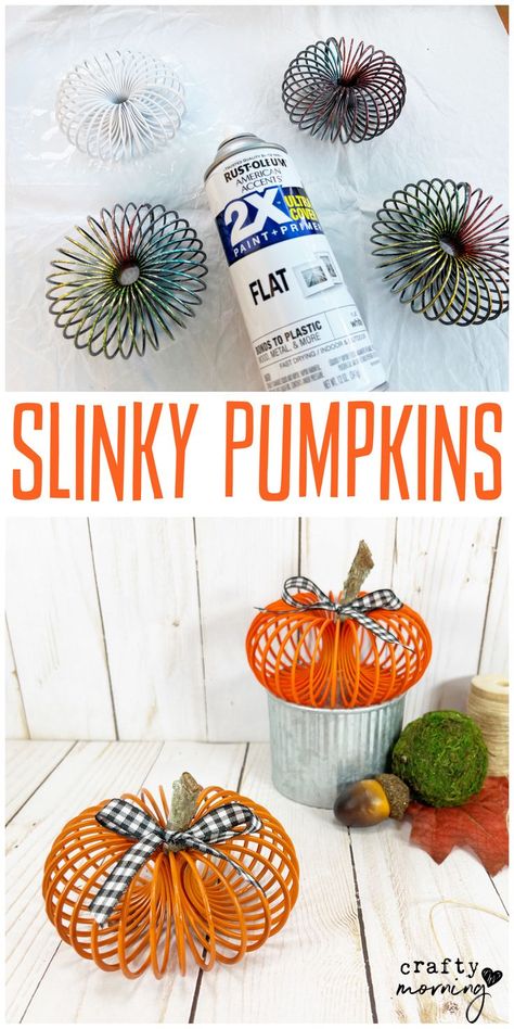 Slinky Pumpkin Decor - fun cheap halloween decorations to make at home. Fun DIY art project for fall. Halloween dollar tree craft. Dollar store idea that is easy. Black and white plaid. So cute Easy Sellable Fall Crafts, Recycled Pumpkin Project, Halloween Ideas For Senior Citizens, Craft Ideas For Adults Halloween, Cute Easy Crafts For Adults, Diy Dollar Store Fall Crafts, Dollar Store Fall Crafts Diy Outdoor, Diy Fall And Halloween Decorations, Diy Fall Decor From Dollar Tree