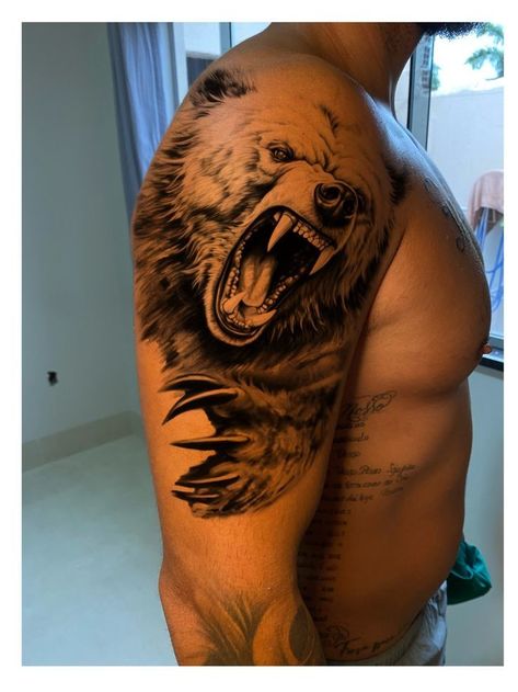 Shoulder Bear Tattoo, Kodiak Bear Tattoo, Bear Tattoos For Men, Grizzly Bear Tattoos, Bear Tattoo Designs, Animal Sleeve Tattoo, Tier Tattoo, Native Tattoos, Realistic Tattoo Sleeve