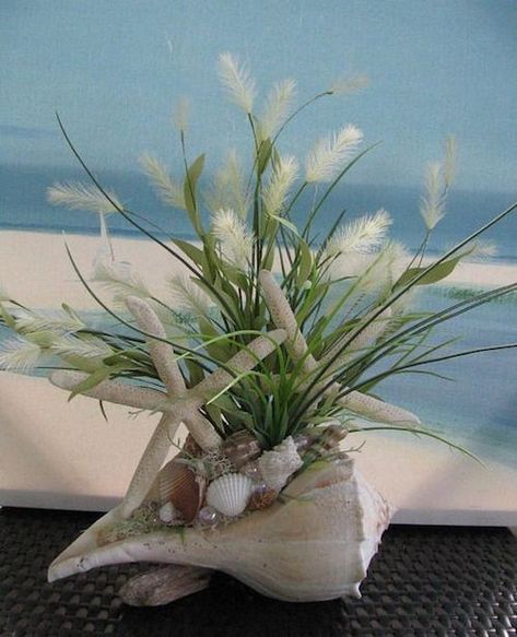 Wedding Centerpieces Beach, Beach Arrangements, Iridescent Bubbles, Coral Centerpieces, Coastal Table Decor, Seashell Centerpieces, Whelk Shell, Grass Centerpiece, Ocean Diy