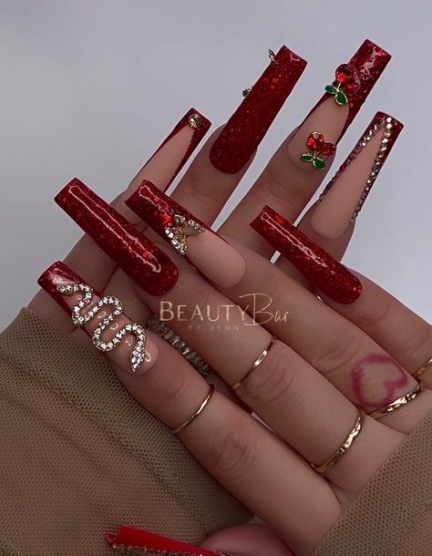 Long Red Press On Nails With Rhinestones, Nails For Prom Red Dress, Latina Nails Red, Red Glam Nails, Clawed Beauty, Nails Cherry, Aftercare Cards, Acrylic Nail Designs Classy, Acrylic Nail Designs Coffin