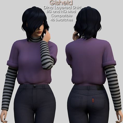 Sims 4 Wensday Adams, Sims 4 Longsleeve, Sims 4 Cc Goth, Cool Kidz, Love You Babe, Tied Shirt, Purple Sweatshirt, Sims 4 Collections, Layered Shirts