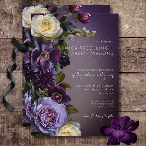 $2.92 | Dark Moody Purple & Lavender Floral Modern Wedding #elegant modern wedding, floral flowers, simple gothic moody, purple lavender burgundy plum, minimal, modern vintage, dark moody rustic, realistic flowers Moody Purple, Moody Rustic, Loose Bouquet, Gothic Wedding Theme, Lavender Cream, Flowers Simple, Elegant Modern Wedding, Modern Wedding Invitation, Purple Wedding Invitations