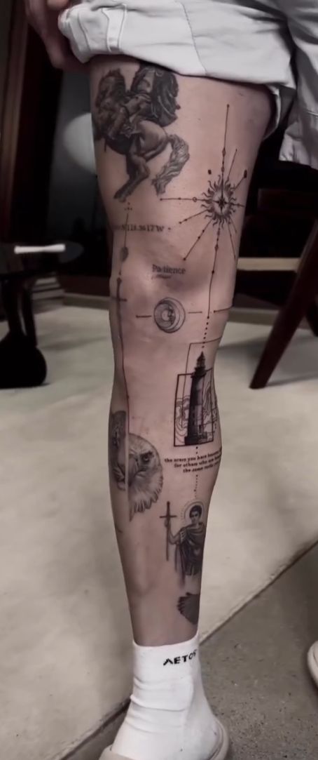 https://www.instagram.com/p/Cp-VGFgPW0l/ Realism Leg Sleeve, Guy Thigh Tattoo, Simple Leg Tattoos, Micro Realism, Tattoo Perna, Warrior Tattoo Sleeve, Geometric Line Tattoo, Alchemy Tattoo, Full Leg Tattoos