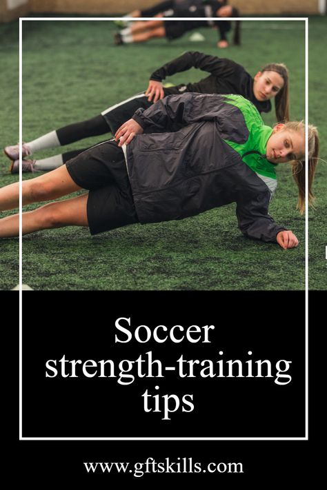 At-home soccer strength training exercises for ages 13+. Learn easy strength-training tips for home, no equipment necessary. Prevent injury, build strength and speed with these easy training exercises. #soccerstrength #soccer #fitness #soccertraining #soccerfitness #soccerfitness #injuryprevention #gftskills #globalfutboltraining #soccerfitness #globalfutboltraining #speedtraining #strengthtraining #soccerskillstraining #ncaasoccer #usyouthsoccer #soccertips #coachingsoccer #soccercoaching Garage Soccer Training, Strength Training For Soccer Players, Strength Training No Equipment, Soccer Player Workout, Soccer Injuries, Soccer Skills Training, Soccer Fitness, Quad Muscles, Soccer Videos