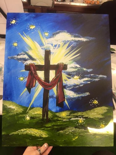 Community Painting, Cross Canvas Paintings, Cross Art Painting, Acrylic Canvas Painting Ideas, Christian Art Painting, Christian Canvas Paintings, Christian Canvas Art, Cross Painting, Quick Painting