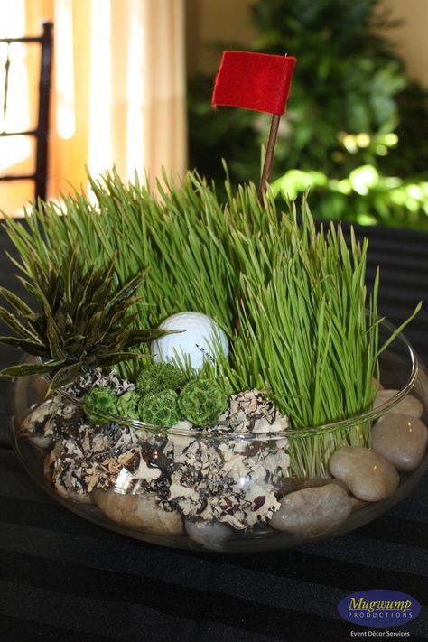 Golf Centerpiece #centerpiece #themedparty #golf Golf Table Decorations, Golf Centerpieces, Golf Fundraiser, Golf Theme Party, Outing Ideas, Golf Party Decorations, Golf Wedding, Decor Centerpieces, Golf Diy