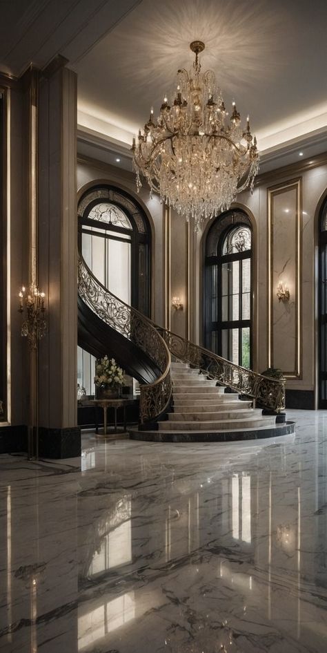 Luxurious Hall Design, Chandelier Entrance Hall, Luxury Entry Foyer Design, Dark Modern Entryway, Elegant House Interior Luxury, Luxury Staircase Grand Entrance, Luxury Grand Entrance, Rich Home Aesthetic, Fancy Hallway