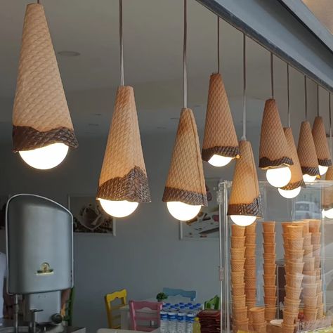 Ceramic Ice Cream Cone Light Fixture. Pendant Lamp for Office - Etsy Ice Cream Shop Stools, Dessert Shop Lighting, Ice Cream Shelves, Gift Shop Fixtures, Ceramic Ice Cream Cone, Lamp For Office, Ice Cream Business, Garden Patio Decor, Aesthetic Light