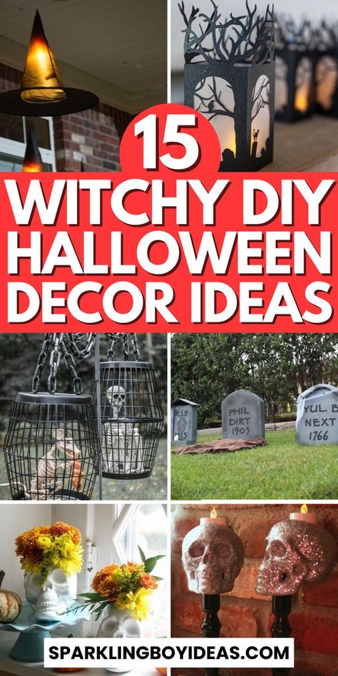 Halloween decorations can transform your home into a spooky wonderland. Discover DIY Halloween crafts and haunted house decorations. From pumpkin carving ideas to witch decorations, we've indoor and outdoor Halloween decor ideas. Enhance your decor with skeleton and ghost-themed decorations, Halloween wreaths, and monster decor. Gothic home decor and vintage Halloween decor add elegance, while inflatables and spooky lighting ideas make your Halloween front porch decor stand out. Diy Witch Decorations Outdoor, Diy Gothic Decor Crafts, Spooky Lighting, Aesthetic Halloween Decor, Outdoor Halloween Decor Ideas, Monster Decor, Witch Decorations, Diy Halloween Witch, Scary Halloween Decorations Diy