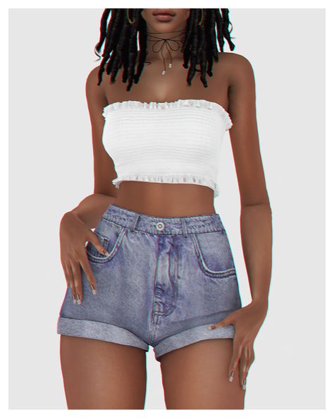 Set with denim shorts and shirred tube top with ruffles 🥰 Sims 4 Afro Hair, Mods Sims 4, Cc Top, Sims 4 Male Clothes, Sims Baby, Tumblr Sims 4, Sims 4 Teen, Sims4 Clothes, Female Shorts