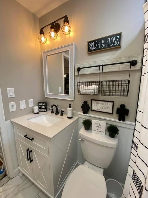 Small Bathroom Farmhouse, Small Farmhouse Bathroom Remodel, Restroom Remodel Ideas, Mobile Home Bathroom Remodel, Farmhouse Goals, Half Bathroom Remodel, Bathroom Farmhouse Style, Restroom Decor, Bathroom Decor Apartment