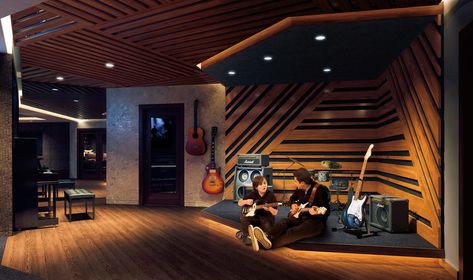 A rendering depicts the "Sound Lounge," designed by Lenny Kravitz, in the new Kent building... Apartment Music Studio, Rock N Roll Room, Rock And Roll Room, Building Development, Outdoor Baths, Music Studio Room, Modern Interior Decor, Mansions For Sale, Lounge Design