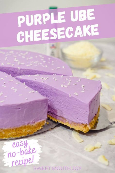 A deliciously easy no-bake ube cheesecake recipe! Made with a coconut and cookie base and creamy ube filling using ube extract. Check out this simple recipe for one of my best ube desserts! Ube Pie Recipe, Ube Cheesecake Recipe, White Choc Chip Cookies, Ube Desserts, Ube Extract, Ube Cheesecake, Ube Recipes, Recipe For One, Cookie Base