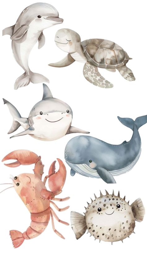 Watercolor Sea Animals, Cute Ocean Animals, Underwater Animals, Baby Art, Animal Clipart, Ocean Animals, Animal Nursery, Sealife, Watercolor Animals