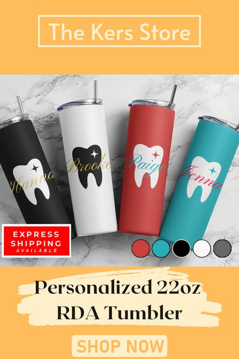 https://www.etsy.com/uk/listing/1317345717/personalized-22oz-rda-tumbler-custom?click_key=7bd4bc0401c4448f49ca0922f81a6d476d37533b%3A1317345717&click_sum=bf6779cd&ref=shop_home_feat_4&pro=1 Dentist Gift Ideas, Printed Water Bottles, Dentist Humor, Beautiful Teeth, Dental Student, Gifts For Dentist, Custom Water Bottles, Dental Assistant, Graduation Gifts