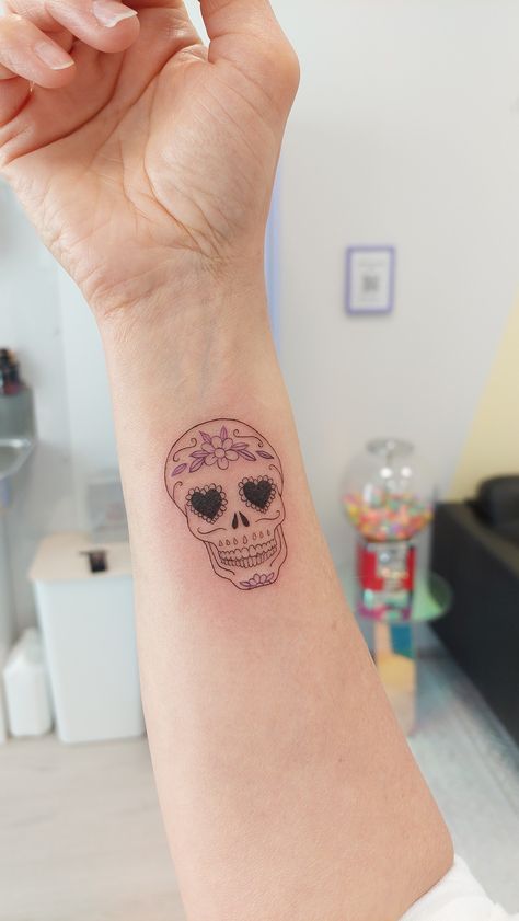 Simple Sugar Skull Tattoo, Dia Los Muertos Tattoo, Mexico Tattoo Ideas For Women, Candy Skull Tattoos, Dia De Los Muertos Tattoo Ideas Woman, Candy Skull Tattoo For Women, Small Sugar Skull Tattoo, Sugar Skull Tattoos For Women, Cute Skull Tattoos