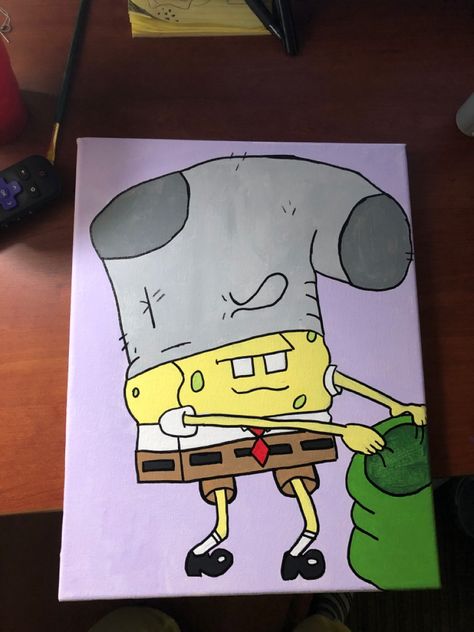 Canvas Drawings Cartoon, Animated Canvas Paintings, Regular Show Canvas Painting, Cartoon Character Canvas Painting, Funny Spongebob Painting Ideas, Trippy Spongebob Painting Canvases, Doodle Bob Painting, Shrek Canvas Painting, Easy Painting Cartoon