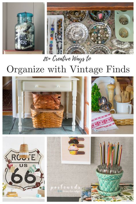 Repurpose Vintage Items, Thrifted Organization, Vintage Glass Display Ideas, Vintage Storage Ideas, Vintage Organization, Decorating With Vintage Items Farmhouse, Decorating With Vintage Items Antiques, Thrift Store Organization Ideas, Repurpose Vintage Glassware