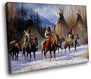 H5D6399 Native American Horses Wigwams Snow Art Indians 20x16 FRAMED CANVAS PRINT Art Deco Pictures, Horse Poster, Native American Horses, Indian Wall Art, Native American Chief, Horse Posters, Snow Art, Artwork For Living Room, Wall Art Canvas Painting