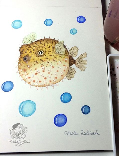 Pufferfish Painting, Pufferfish Drawing, Watercolor Fish Painting, Ocean Nursery Art, Textiles Gcse, Funky Bathroom, Tupac Art, Sea Quilt, Animals Watercolor