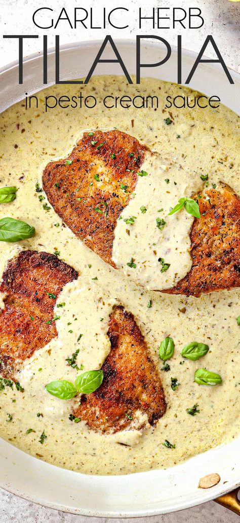 Fried Tilapia Recipes, Pesto Cream Sauce, Pan Fried Tilapia, Seafood Salads, Fried Tilapia, Tilapia Recipe, Gourmet Restaurant, Fish Dinner Recipes, Carlsbad Cravings