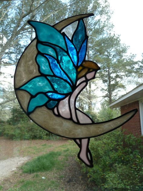 Lunar Water Sprite by HazelsGrandaughter on Etsy, $9.00 Stained Glass Fairy, Tiffany Stained Glass Windows, Deco Tattoo, Art Deco Tattoo, Glass Fairy, Glass Art Products, Stained Glass Angel, Glass Painting Designs, Wine Glass Art