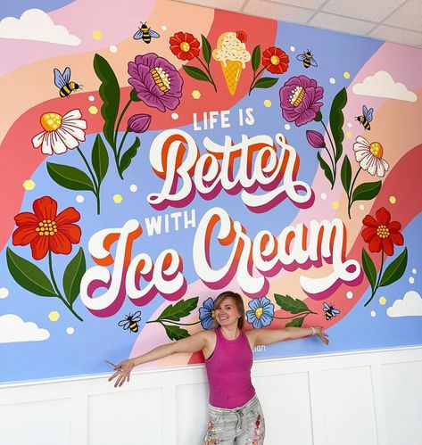 Olga Muzician Studio | Lettering, Murals (@olgamuzician) • Instagram photos and videos Bakery Mural Wall Art, Ice Cream Mural, Instagram Photo Wall, Food Mural, Library Mural, Woodland Mural, Mural Cafe, Instagram Wall, Chalkboard Lettering