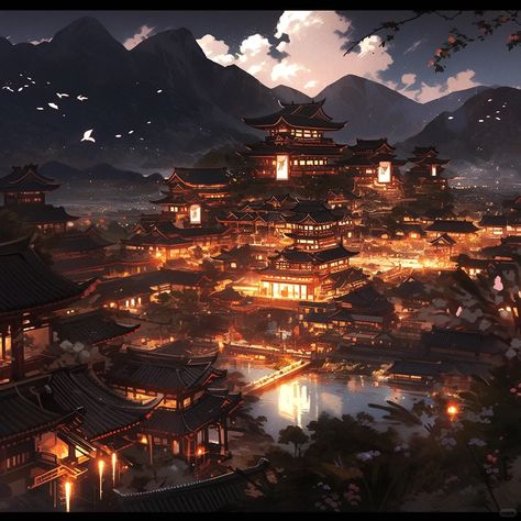 Fantasy Japanese City Concept Art, Asian Kingdom Fantasy Art, Chinese City Fantasy Art, Japanese Palace Fantasy Art, Fantasy Chinese City, Asian Fantasy City, Chinese Palace Fantasy Art, Japan City Aesthetic, Wuxia Aesthetic