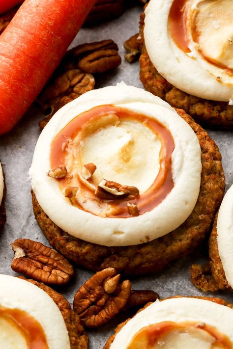 Carrot Cake Cookies Carrot Cake Flavored Desserts, Salted Caramel Carrot Cake, Crumble Carrot Cake Cookie, Best Carrot Cake Cookies, Crumbl Carrot Cake Cookies, Carrot Cheesecake Cookies, November Cookie Ideas, Thanksgiving Crumbl Cookies, Carrot Cake Cheesecake Bites