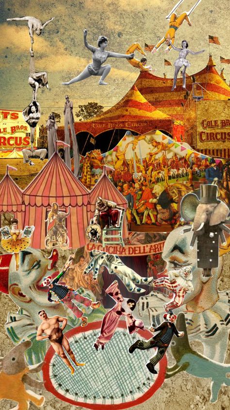 a day at the circus 🎪 #moodboard #aesthetic #collage #circus Circus Collage Art, Circus Moodboard, Circus Collage, Circus Wallpaper, Circus Fashion, Circus Posters, Vintage Circus Posters, Circus Aesthetic, Multimedia Art