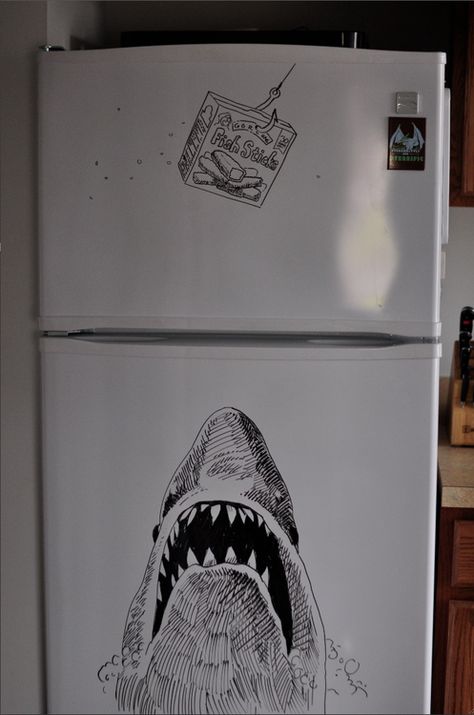 Jaws being teased with fish sticks. | Community Post: 20 Amazing Works Of Refrigerator Door Art Dry Erase Board Drawings, Dry Erase Board Art, Sketchbook Examples, White Board Drawings, Whiteboard Art, Expo Marker, Dry Erase Board, Dry Erase, White Board