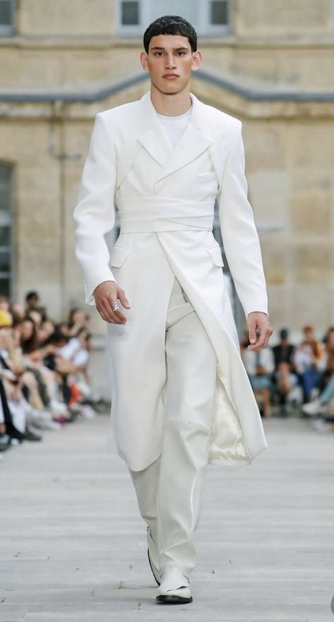 White Goth Outfit, Futuristic Outfits, White Trench Coat, Modern Suits, High Fashion Men, All White Outfit, Fashion Suits For Men, Futuristic Fashion, Prom Outfits