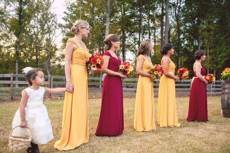 Red And Yellow Wedding Bridesmaid Dress, Sunflower Yellow Bridesmaid Dresses, Wedding Colors Schemes Fall, Maroon Wedding Colors, Eatonton Georgia, Yellow Wedding Theme, Fall Wedding Color Schemes, Firefighter Wedding, Beautiful Fall Wedding