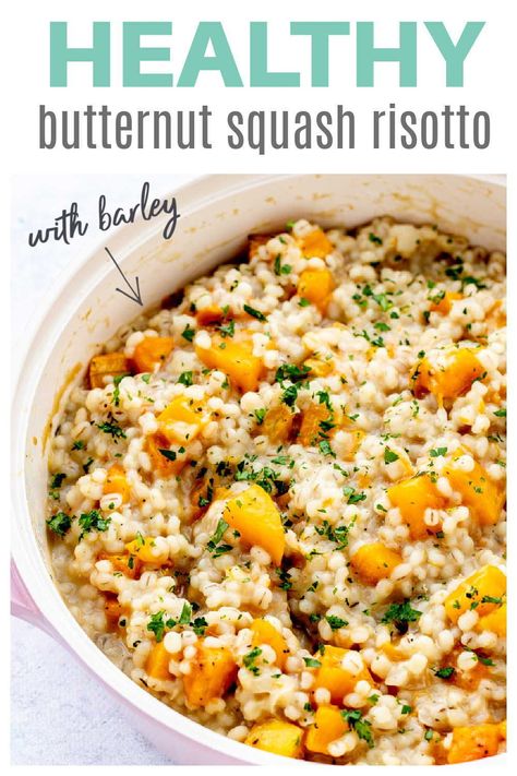 The healthy butternut squash barley risotto is the perfect way to mix up your healthy meals! In this recipe, pearl barley is combined with roasted butternut squash for a simple, delicious and comforting dish that you’ll want make on repeat. Creamy, savory, and easy to make ahead too! Follow the recipe guide here - click to proceed. Barley And Butternut Squash, Recipe For Barley, Butternut Squash Barley Risotto, Italian Barley Recipe, Barley Pearl Recipes, Pear Barley Recipe, Pearl Barley Risotto, Barley Dinner Recipe, Barley Risotto Recipe