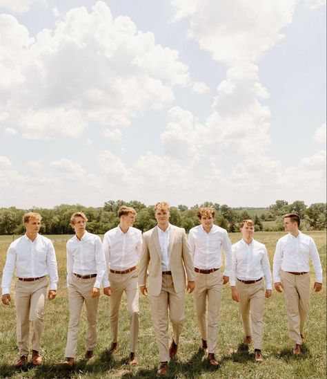 Groom Attire Beige Tan Suits, Khaki Suit Men Outfit Wedding, Tan Suit Groomsmen Groom Attire, Groomsmen White Shirts, Sand Colored Groomsmen, Groom In Khaki Pants, Family Of Bride And Groom Attire, Groomsmen Attire Tan Pants, Oatmeal Suit Wedding