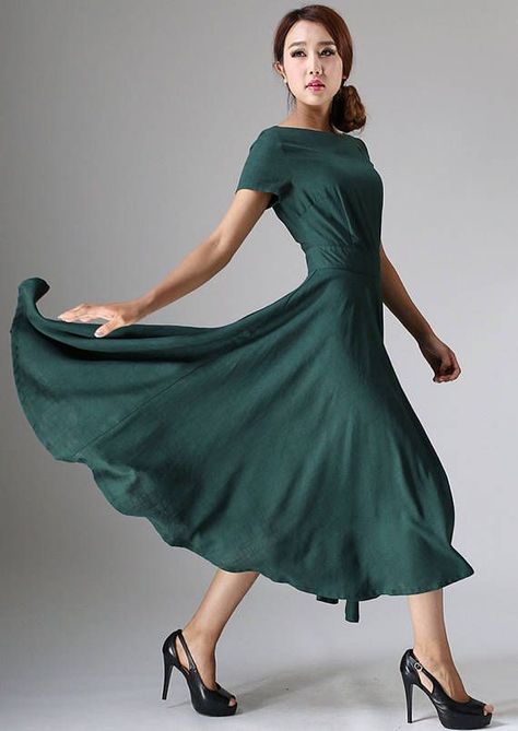 f4a4da9aa7eadfd23c7bdb7cf57b3112desc47896279ri Green Linen Dress, Linen Dress Women, Floaty Dress, Boat Neck Dress, Dress Flowy, Dress Woman, Dress Linen, Linen Maxi Dress, Vestidos Vintage