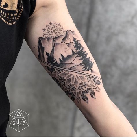 Black And Grey Landscape Tattoo, Sisters Mountains Oregon Tattoo, Nature Theme Tattoo For Women, Outdoor Half Sleeve Tattoo For Women, Women’s Nature Tattoos, Mountain Tattoos For Women Forearm, Mother Forearm Tattoo, Outdoor Tattoo For Women Sleeve, Mandala Mountain Tattoo