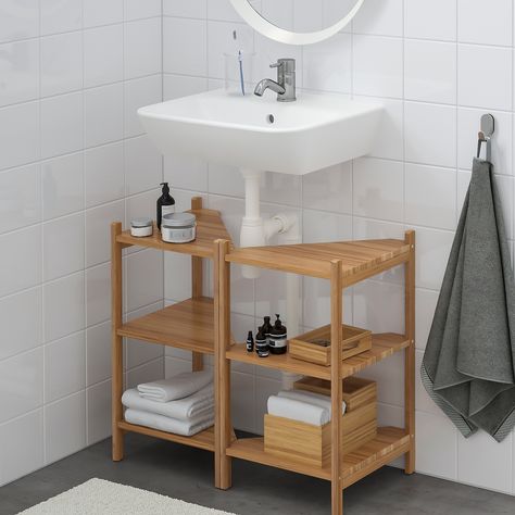 RÅGRUND / TYNGEN Sink shelf/corner shelf, bamboo, Pilkån faucet - IKEA Lavabo D Angle, حوض الحمام, Shelf Corner, Bathroom Sink Cabinets, Sink Shelf, Under Sink Storage, Ikea Store, Sink Storage, Bathroom Storage Organization