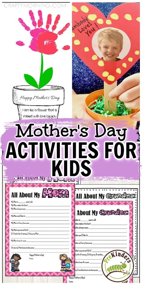 Explore this assortment of Mother's Day activities, free printables, and art projects gathered from the web. Engage your preschooler in filling out a questionnaire about mom or grandma, then laminate it to create a cherished keepsake. Discover an array of entertaining songs, books, and crafts for kids, including flower pot art and a fingerprint bee Mother's Day card. Delight your preschoolers with these hands-on activities, perfect for celebrating and preparing for Mother's Day! Mother S Day Crafts For Kids, Books And Crafts For Kids, Mothers Day Cards Homemade, Crafts To Gift, Mother's Day Crafts For Kids, Books And Crafts, Crafts For Kids Preschool, Mother's Day Activities, Mother's Day Craft