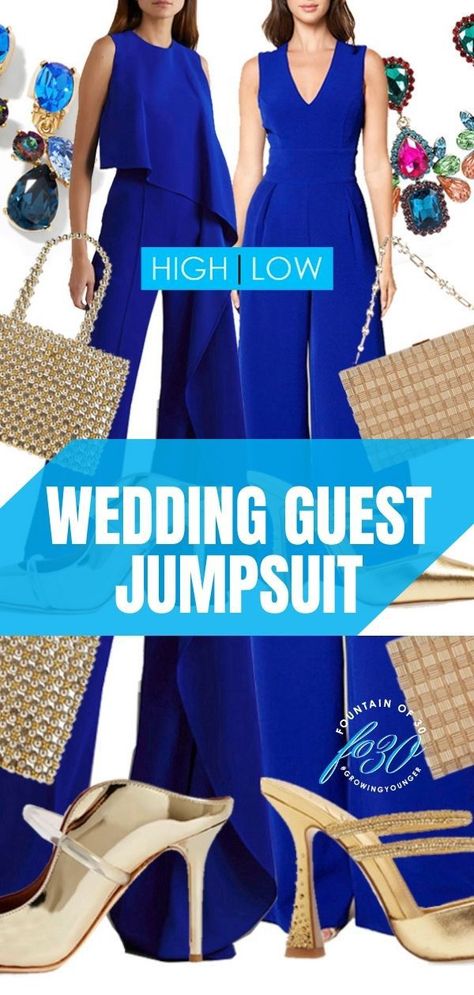 Here's how to style a jumpsuit to wear to a wedding. You can wear it with high end designer pieces or low priced lookalike. Or mix it up for high low styling. #fashion #over40 #over50 #weddingattire #jumpsuit Dressy Rompers Women Wedding, How To Style A Navy Blue Jumpsuit, Formal Romper Outfit, Jumpsuit Styling Ideas For Party, Wedding Guest Jumpsuit Spring, How To Style A Jumpsuit Dressy, Wedding Guest Over 50 What To Wear, Blue Jumpsuit Outfit Wedding, Wedding Guest Outfit Pants Women