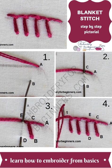 how to make a blanket stitch with step by step photos #embroidery #embroiderypatterns #embroiderystitches Embroidery Blanket Stitches Tutorial, Blanket Stitch Motifs, Embroidery Stitches Blanket Stitch, Blanket Stitch Edging Embroidery, Blanket Stitch Applique By Hand, Doodle Stitching, Crafting Activities, Beginners Embroidery, Unpaper Towels