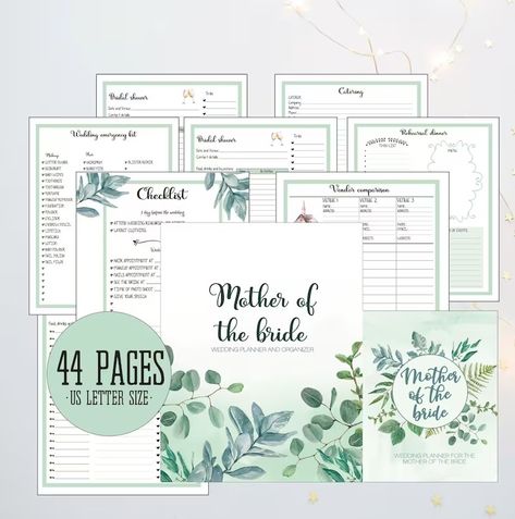 PDF of a printable botanical Mother of the bride planner Bride Timeline, Wedding Emergency Kit Checklist, Printable Wedding Checklist, Weekly Appointment Planner, Bride Planner, Bridal Shower Planner, Mother Daughter Wedding, Free Wedding Planner Printables, Wedding Checklist Printable