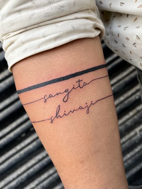 Name Armband Tattoo, Forearm Name Tattoos, Last Name Tattoos, Name Tattoos For Moms, Line Tattoo Ideas, Brother Tattoos, Arm Band Tattoo, Greek Tattoos, Dad Tattoos