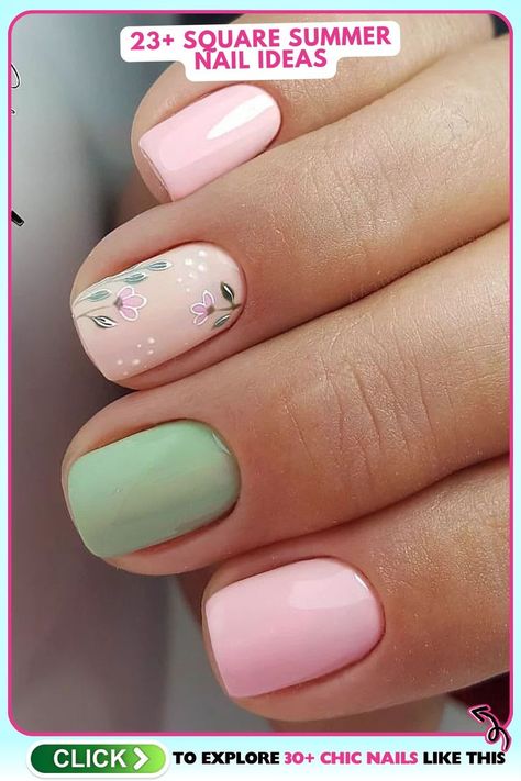 Square summer nails with soft pink glossy polish, green matte accent nail, and delicate floral art, perfect for a fresh, garden-inspired vibe suitable for daily wear or picnics. Square Summer Nails, Summer Nail Art Ideas, Summer Nail Ideas, Green Nail Art, Square Nail Designs, Green Nail Designs, One Color Nails, Summer Nail Art, Accent Nail