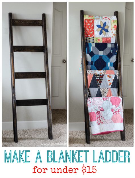 Make a beautiful wooden blanket ladder for under $15. It's an easy one day project that will allow you to display beautiful quilts or blankets in the open and make them easily accessible. Noah Bradley, Kids Woodworking Projects, Wooden Blanket Ladder, Blanket Ladders, Quilt Ladder, Blanket Rack, Quilt Display, Wood Projects For Kids, Quilt Rack